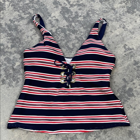 New La Blanca Sailor Striped Tankini Swim Top Red Blue Stripe Patriotic Sz 14 - Picture 4 of 10
